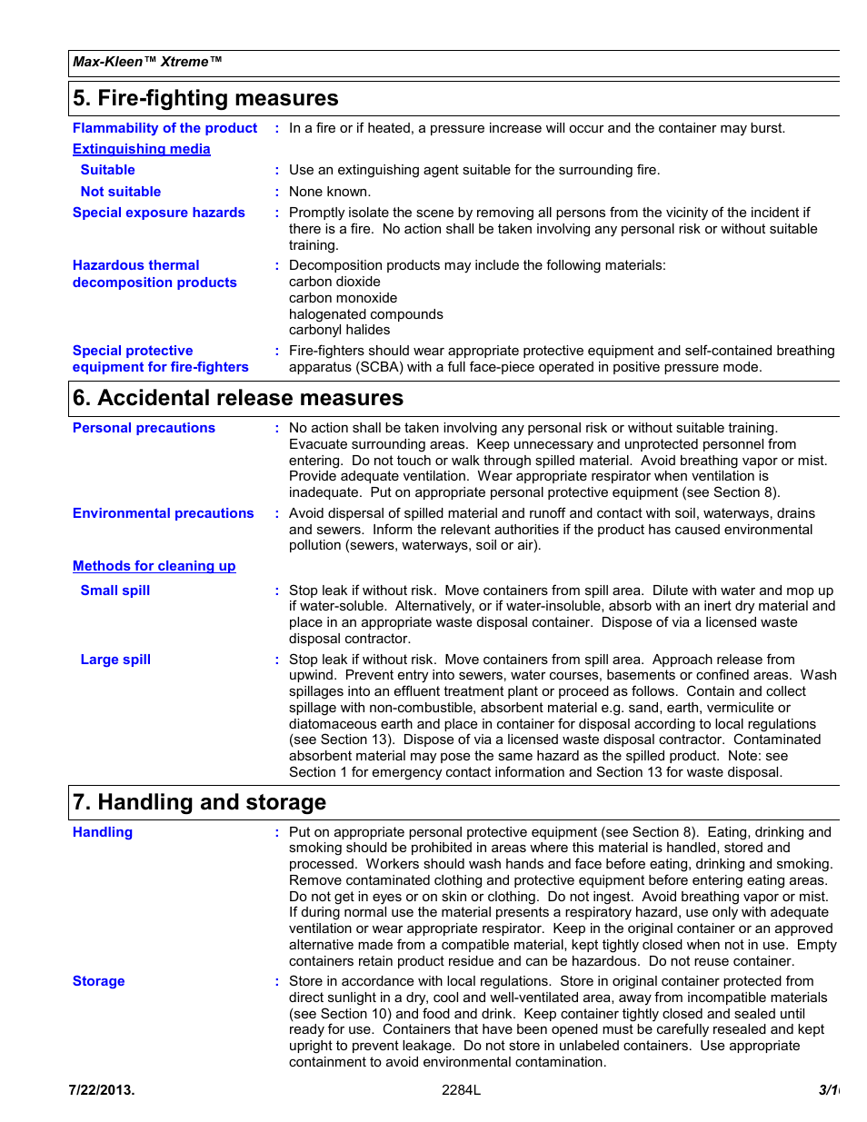 Fire-fighting measures, Accidental release measures, Handling and storage | Chemtronics Max-Kleen Xtreme ES5584 User Manual | Page 3 / 10