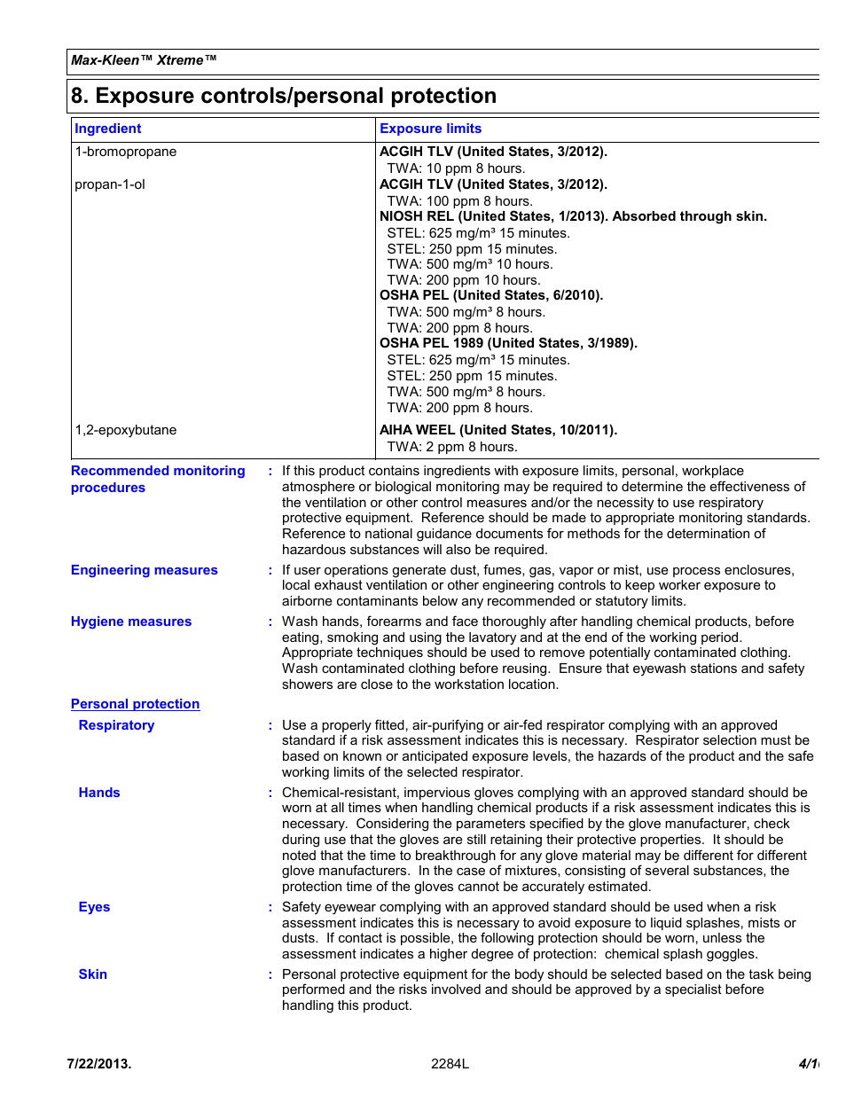 Exposure controls/personal protection | Chemtronics Max-Kleen Xtreme ES5584 User Manual | Page 4 / 10