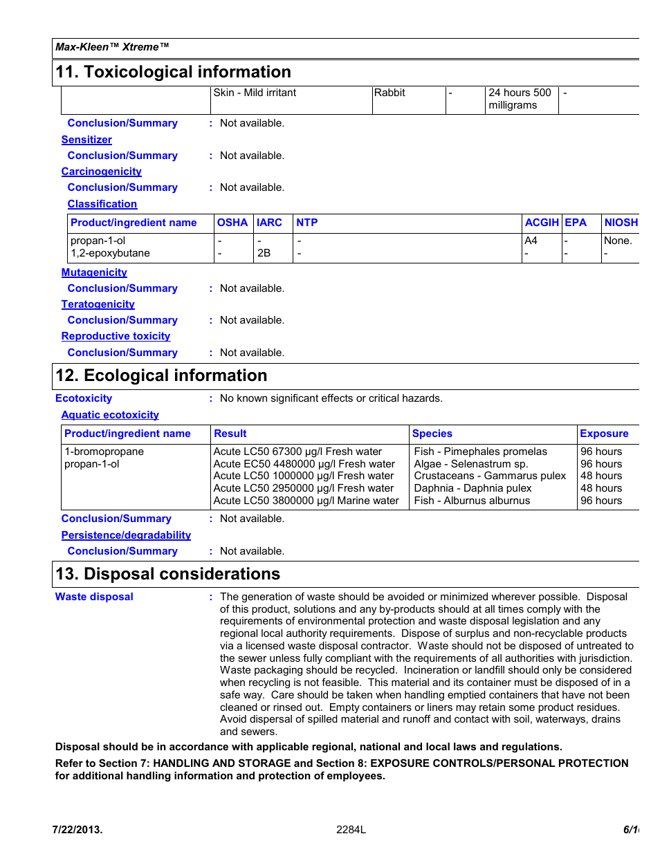 Toxicological information, Ecological information, Disposal considerations | Chemtronics Max-Kleen Xtreme ES5584 User Manual | Page 6 / 10