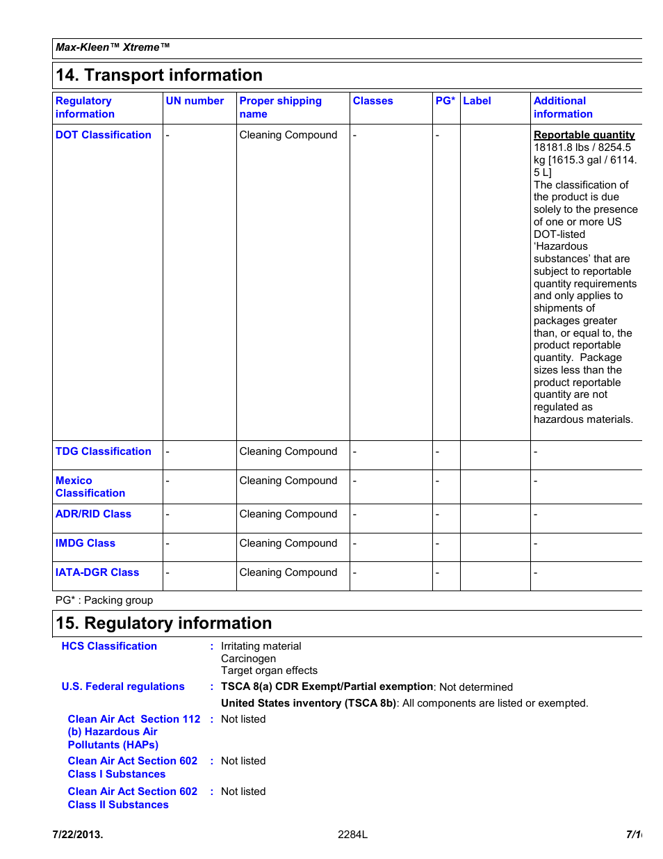 Transport information, Regulatory information | Chemtronics Max-Kleen Xtreme ES5584 User Manual | Page 7 / 10