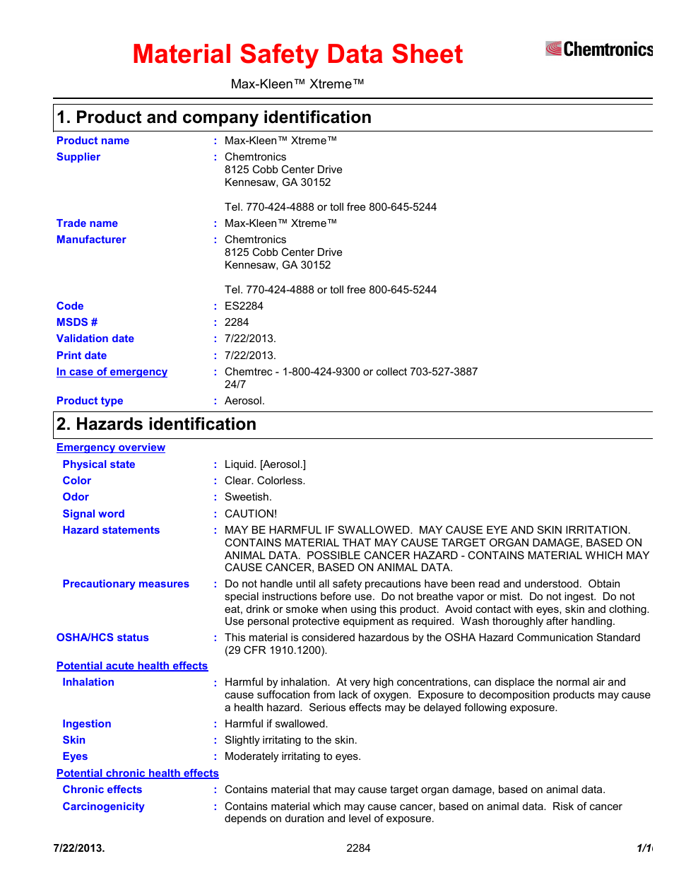 Chemtronics Max-Kleen Xtreme ES2284 User Manual | 10 pages