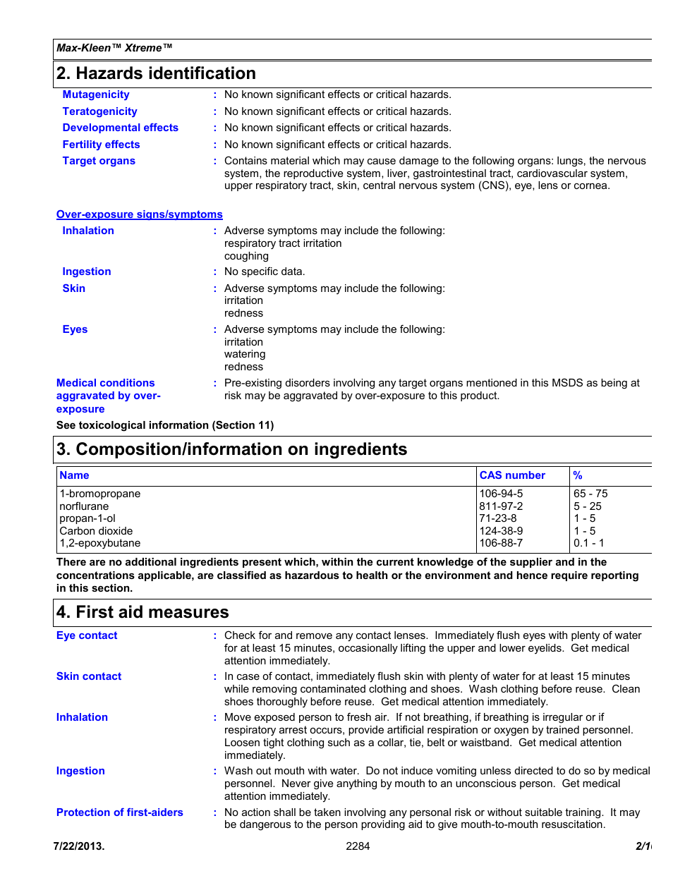 Hazards identification, Composition/information on ingredients, First aid measures | Chemtronics Max-Kleen Xtreme ES2284 User Manual | Page 2 / 10