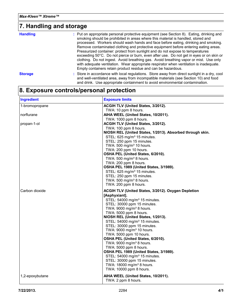 Handling and storage, Exposure controls/personal protection | Chemtronics Max-Kleen Xtreme ES2284 User Manual | Page 4 / 10