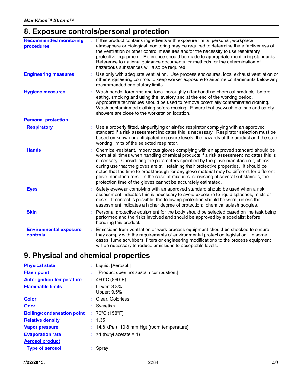 Exposure controls/personal protection, Physical and chemical properties | Chemtronics Max-Kleen Xtreme ES2284 User Manual | Page 5 / 10
