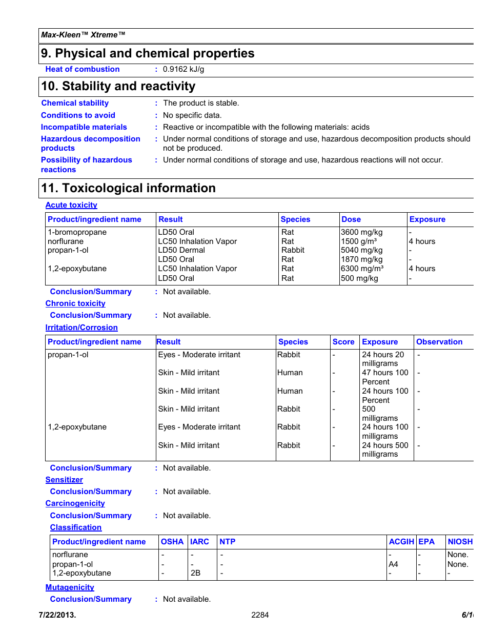 Physical and chemical properties, Stability and reactivity, Toxicological information | Chemtronics Max-Kleen Xtreme ES2284 User Manual | Page 6 / 10