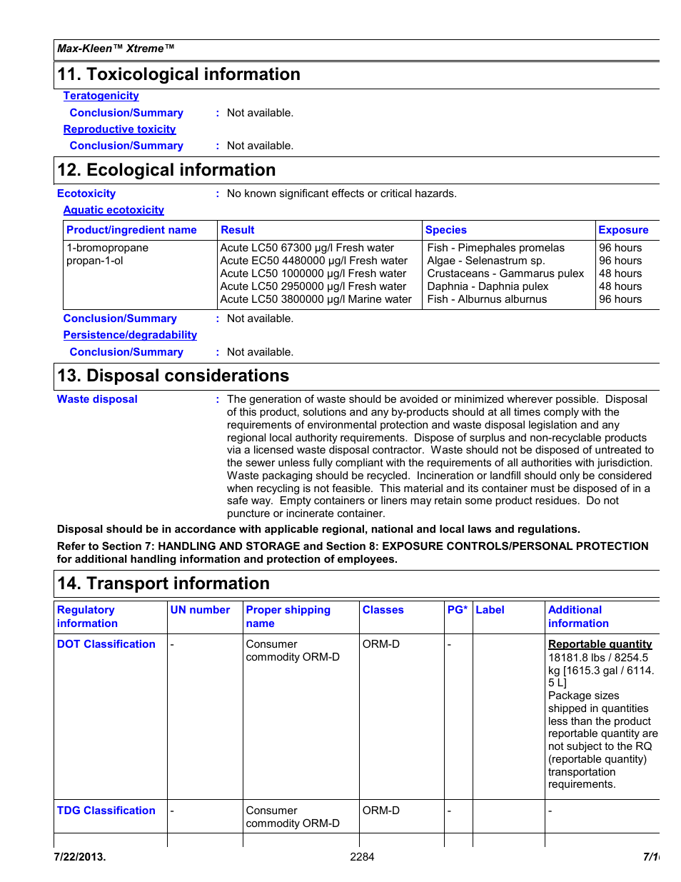 Toxicological information, Ecological information, Disposal considerations | Transport information | Chemtronics Max-Kleen Xtreme ES2284 User Manual | Page 7 / 10