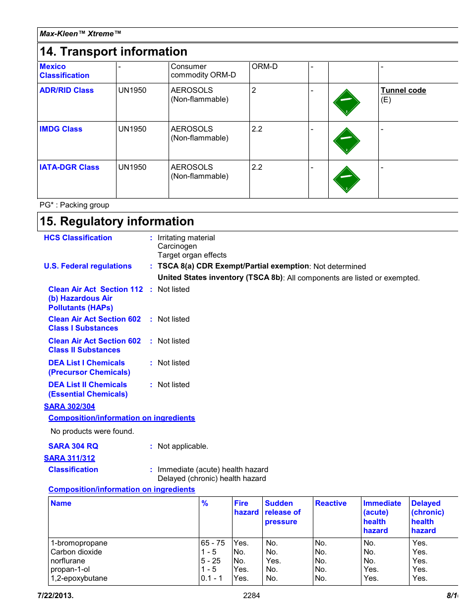 Transport information, Regulatory information | Chemtronics Max-Kleen Xtreme ES2284 User Manual | Page 8 / 10