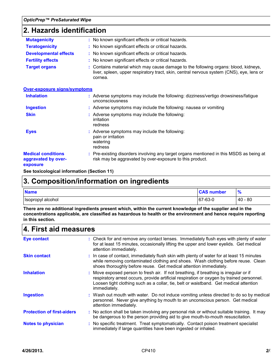 Hazards identification, Composition/information on ingredients, First aid measures | Chemtronics Optic Prep CP410 User Manual | Page 2 / 9