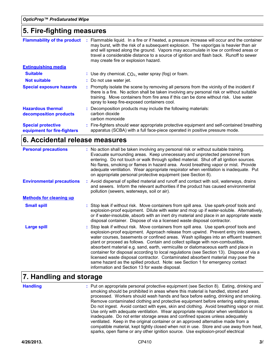 Fire-fighting measures, Accidental release measures, Handling and storage | Chemtronics Optic Prep CP410 User Manual | Page 3 / 9