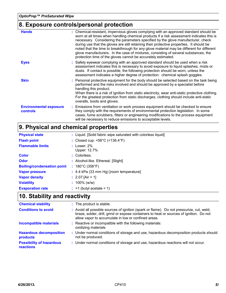 Exposure controls/personal protection, Physical and chemical properties, Stability and reactivity | Chemtronics Optic Prep CP410 User Manual | Page 5 / 9