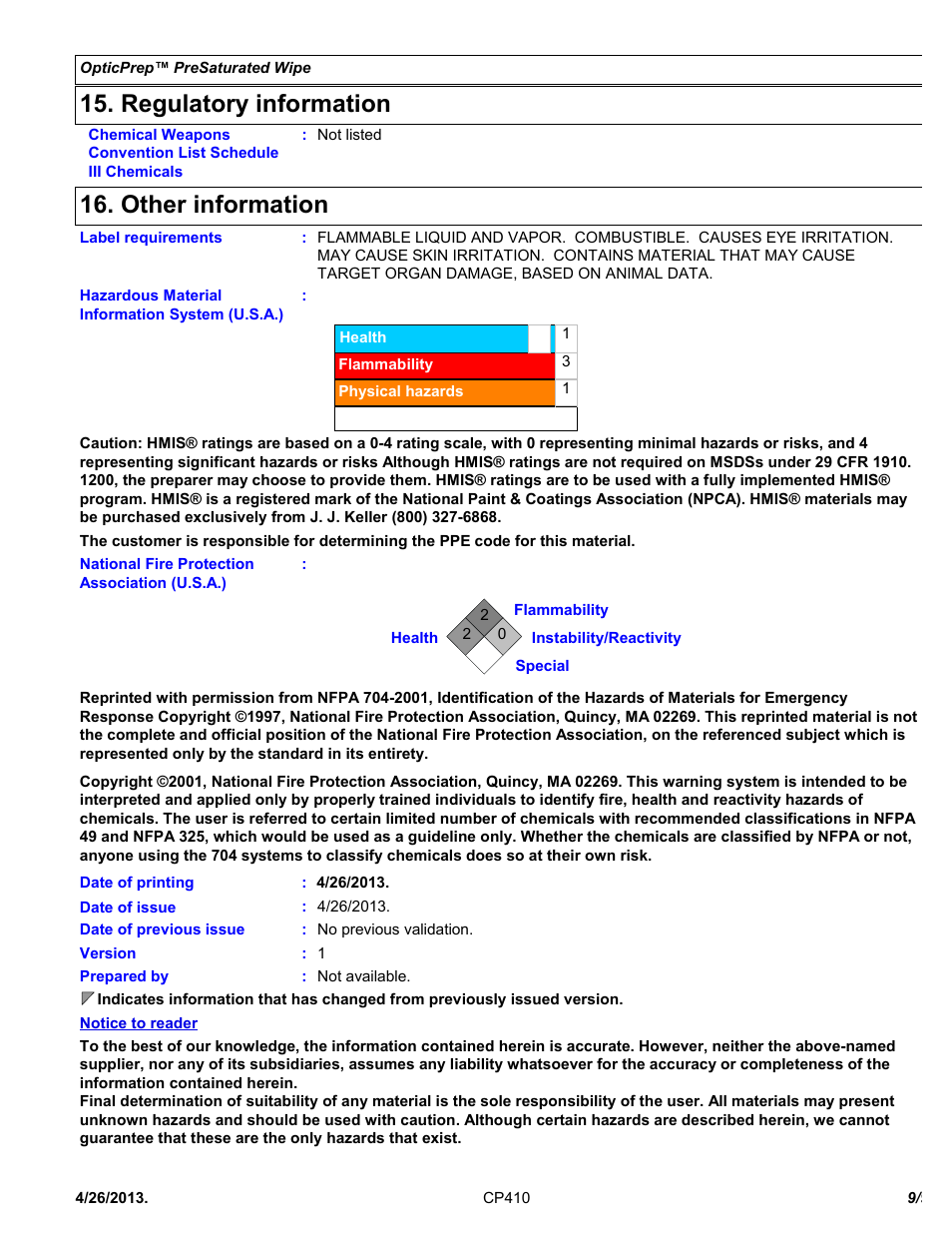 Regulatory information, Other information | Chemtronics Optic Prep CP410 User Manual | Page 9 / 9