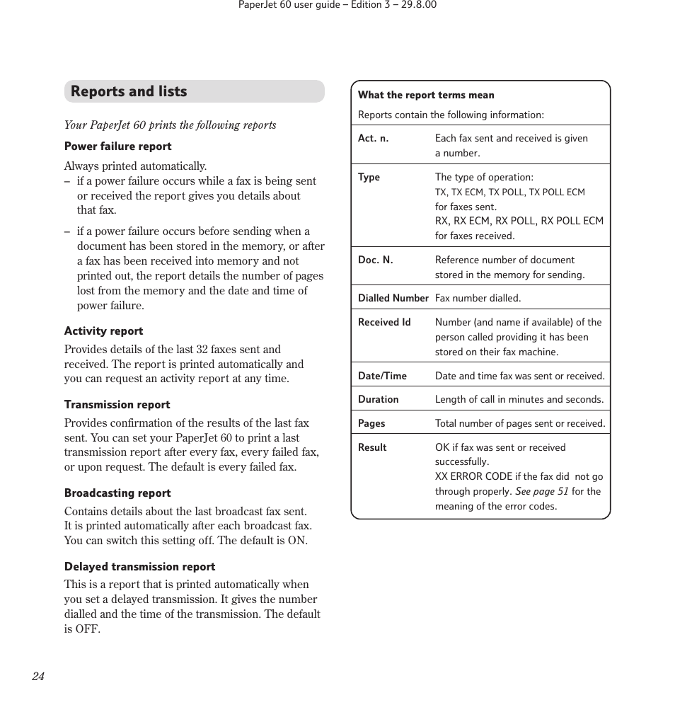 Reports and lists | BT 60 User Manual | Page 26 / 65