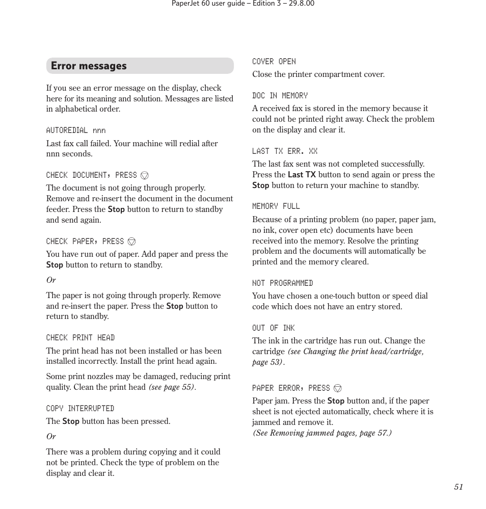 Error messages | BT 60 User Manual | Page 53 / 65