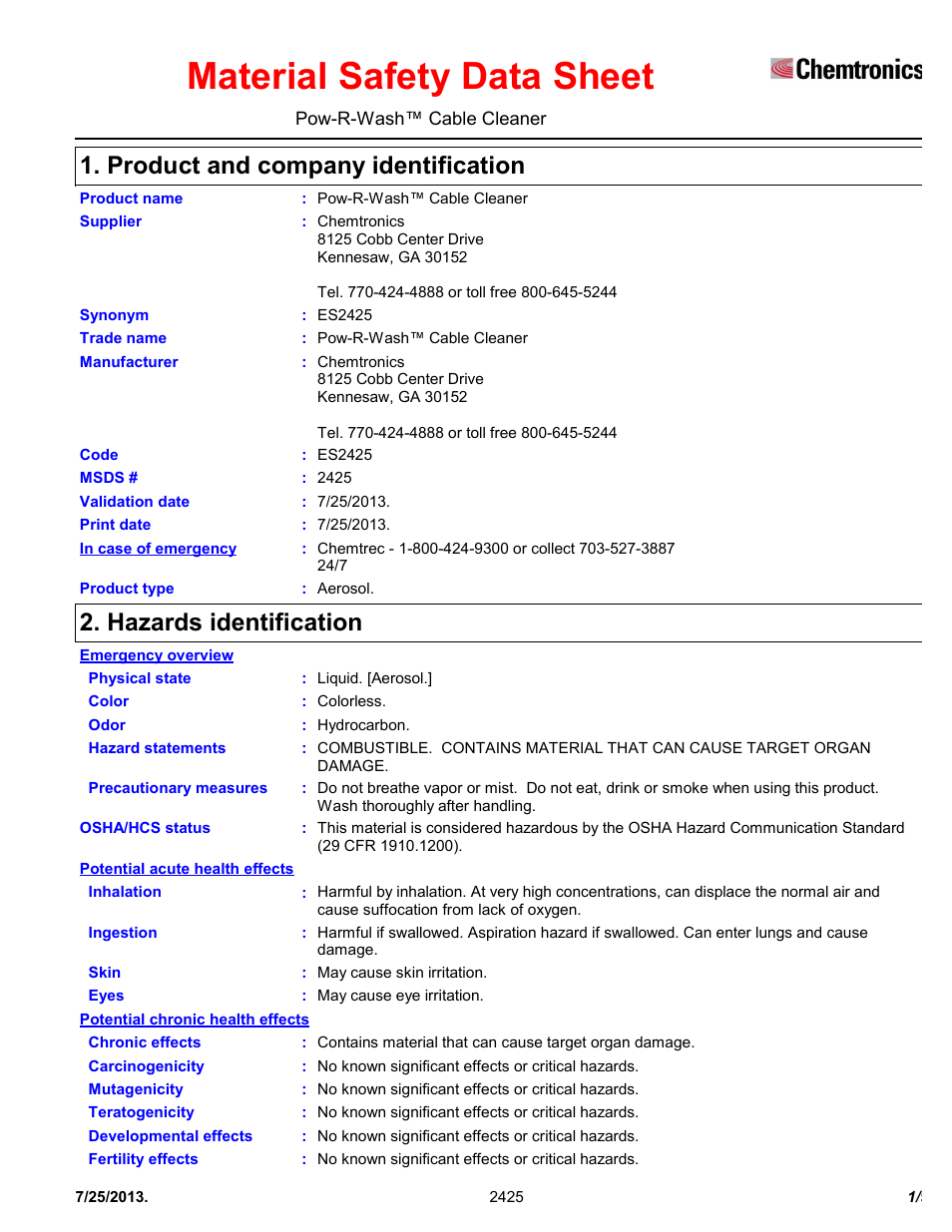 Chemtronics Pow-R-Wash Cable Cleaner ES2425 User Manual | 9 pages
