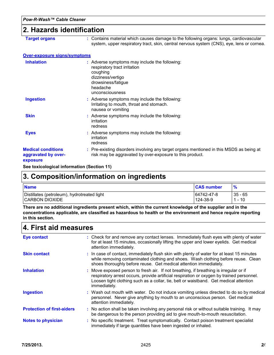 Hazards identification, Composition/information on ingredients, First aid measures | Chemtronics Pow-R-Wash Cable Cleaner ES2425 User Manual | Page 2 / 9