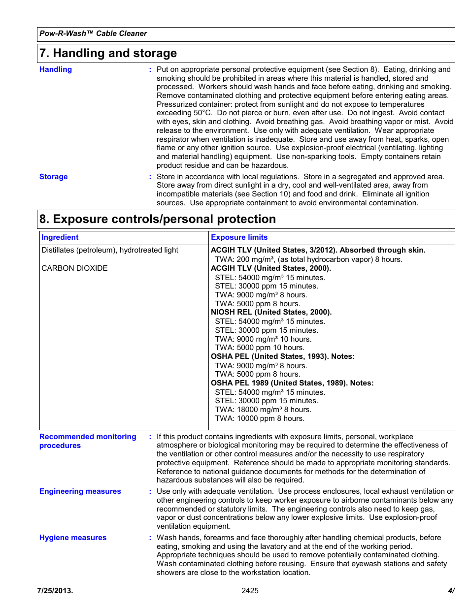 Handling and storage, Exposure controls/personal protection | Chemtronics Pow-R-Wash Cable Cleaner ES2425 User Manual | Page 4 / 9