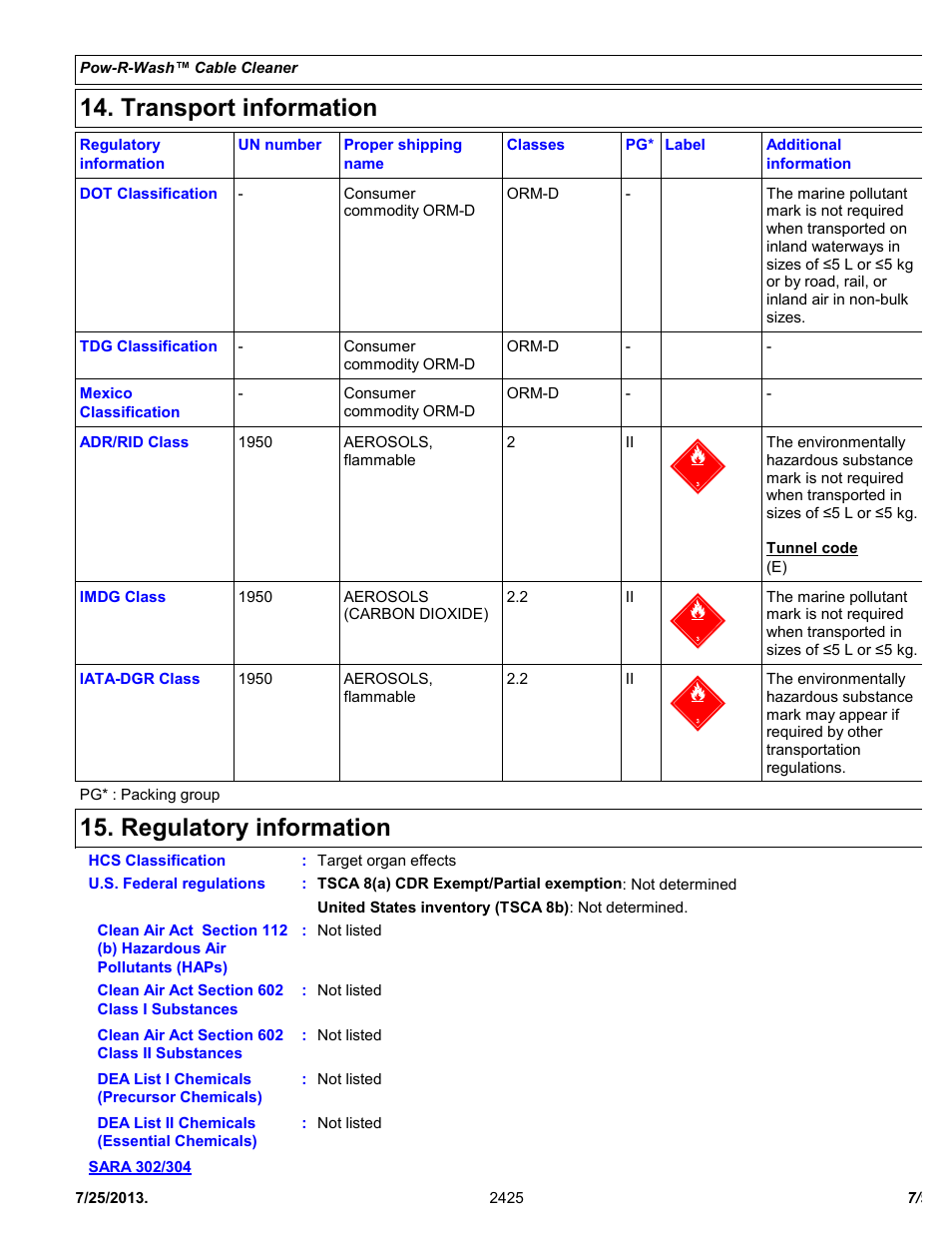 Transport information, Regulatory information | Chemtronics Pow-R-Wash Cable Cleaner ES2425 User Manual | Page 7 / 9