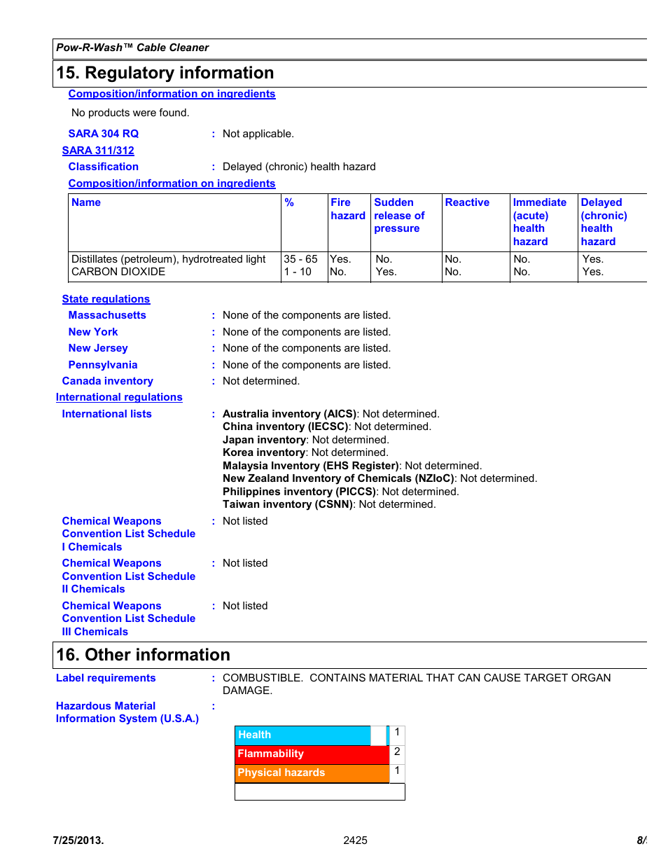 Regulatory information, Other information | Chemtronics Pow-R-Wash Cable Cleaner ES2425 User Manual | Page 8 / 9