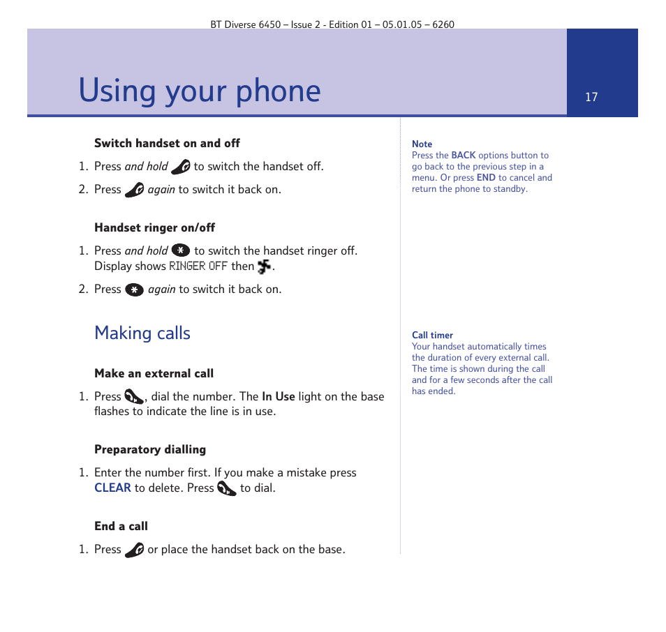Using your phone, Making calls | BT Diverse 6450 User Manual | Page 17 / 98