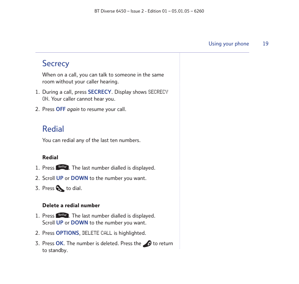 Secrecy, Redial | BT Diverse 6450 User Manual | Page 19 / 98