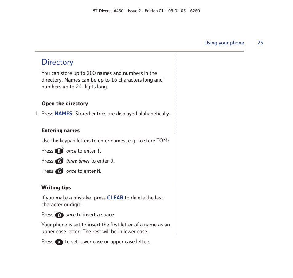 Directory | BT Diverse 6450 User Manual | Page 23 / 98