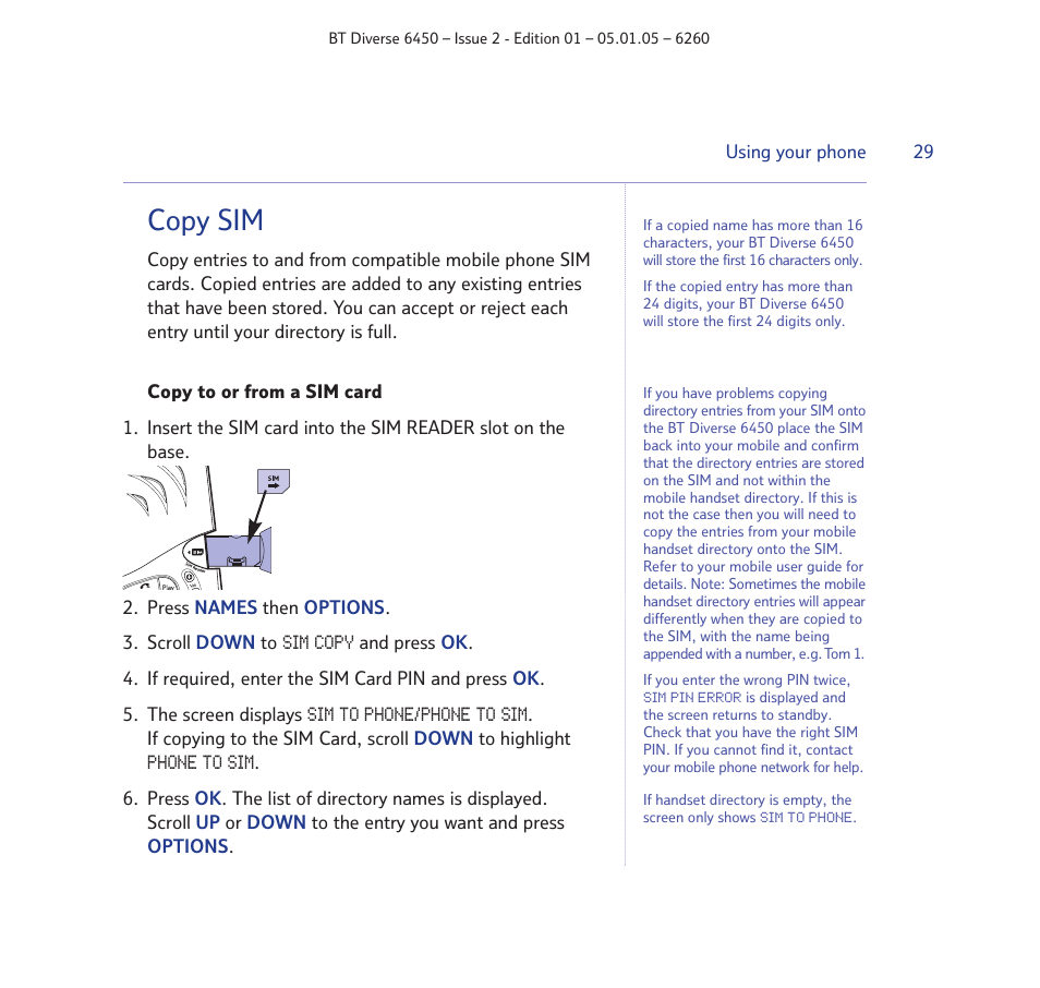 Copy sim | BT Diverse 6450 User Manual | Page 29 / 98