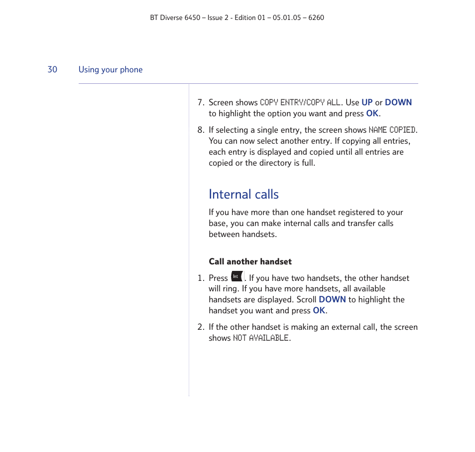 Internal calls | BT Diverse 6450 User Manual | Page 30 / 98