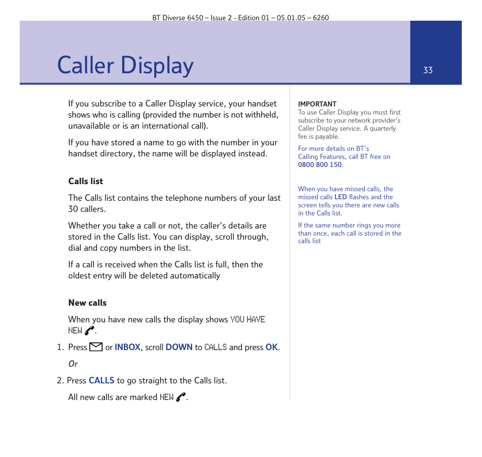 Caller display | BT Diverse 6450 User Manual | Page 33 / 98