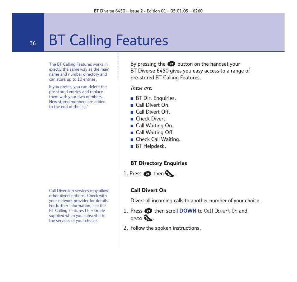 Bt calling features | BT Diverse 6450 User Manual | Page 36 / 98