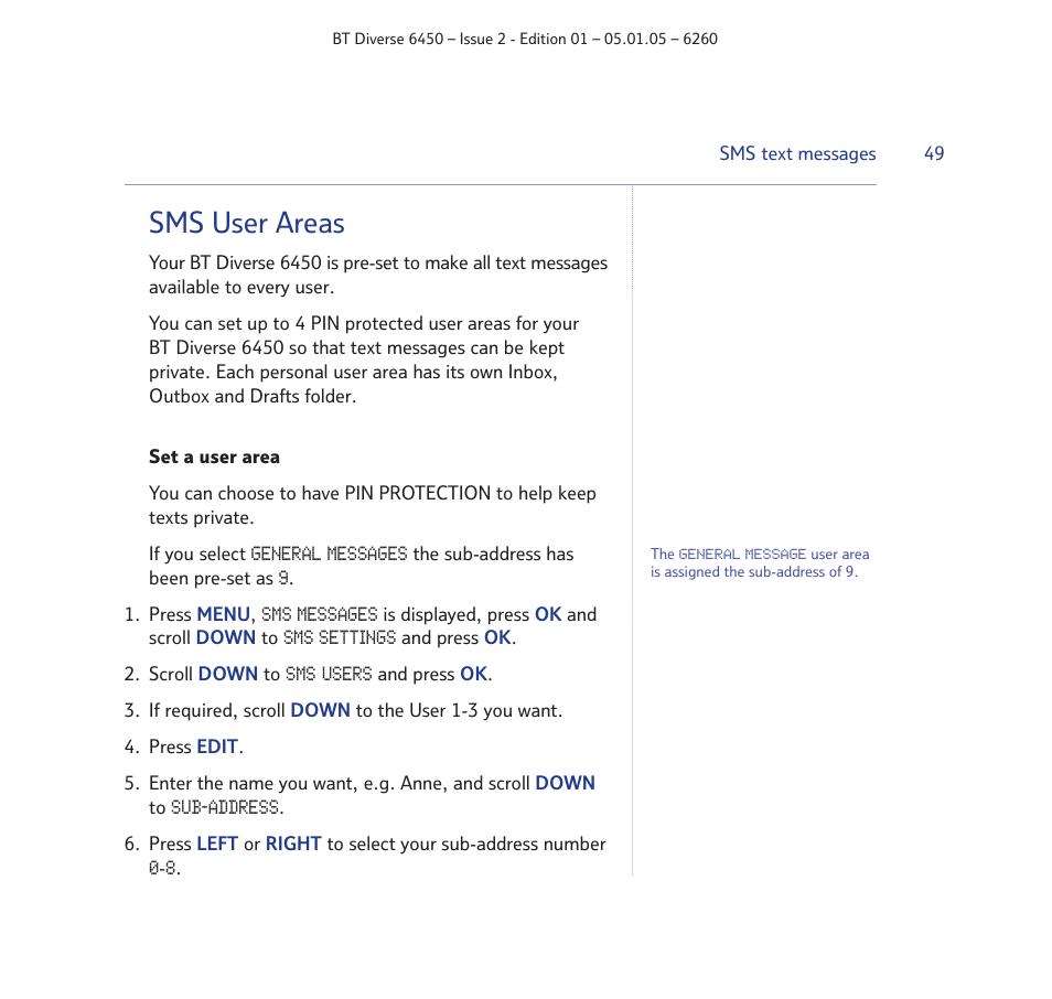 Sms user areas | BT Diverse 6450 User Manual | Page 49 / 98