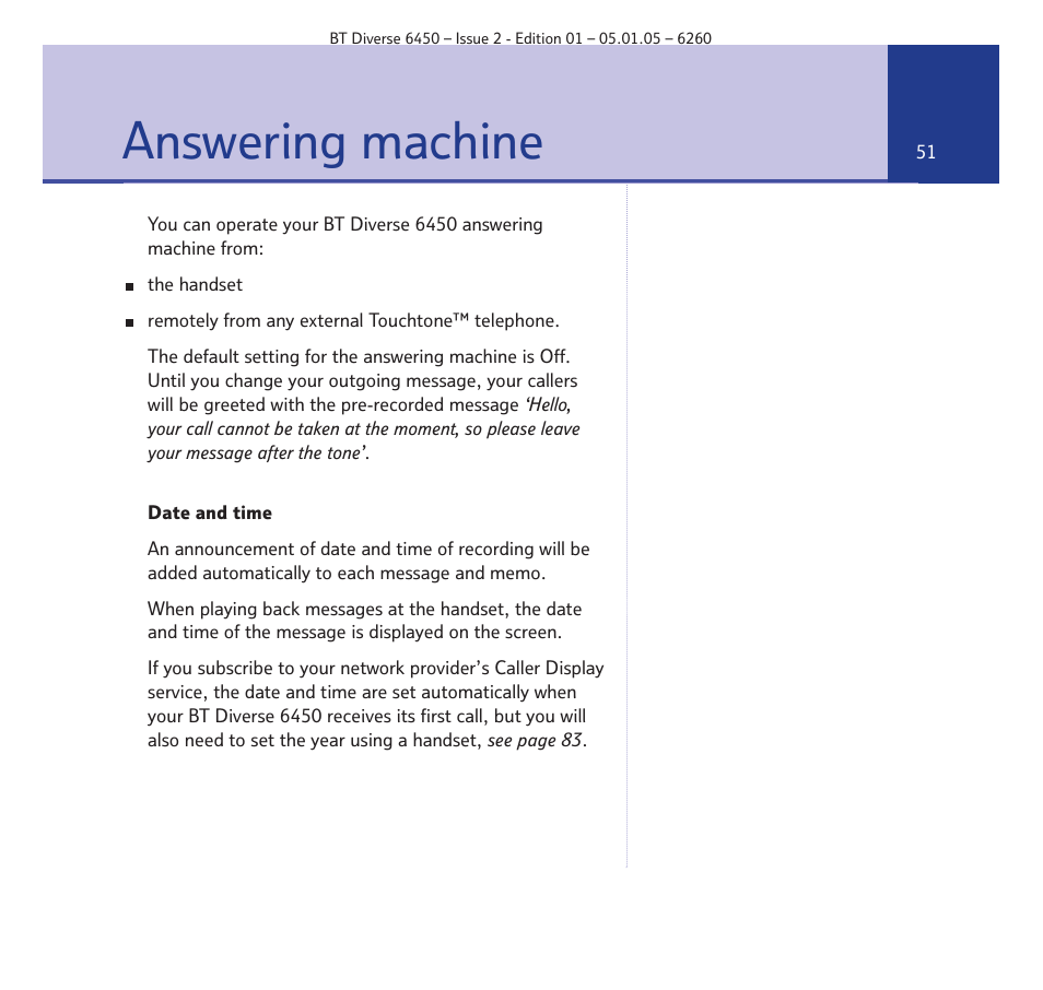 Answering machine | BT Diverse 6450 User Manual | Page 51 / 98