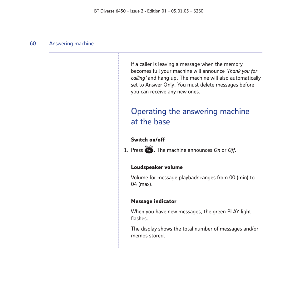 Operating the answering machine at the base | BT Diverse 6450 User Manual | Page 60 / 98