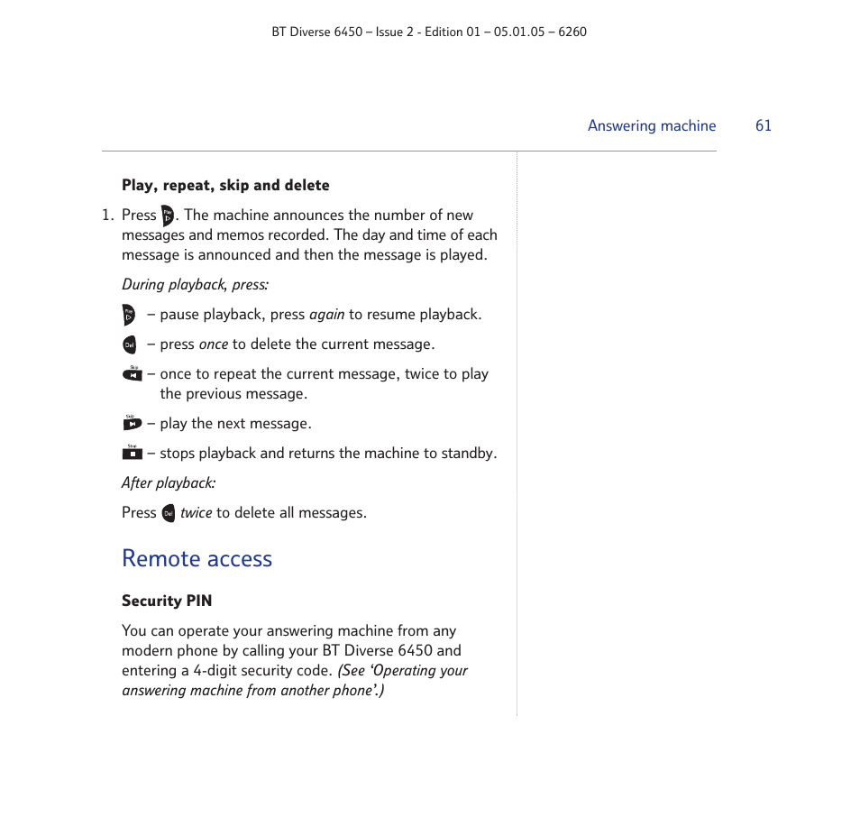 Remote access | BT Diverse 6450 User Manual | Page 61 / 98