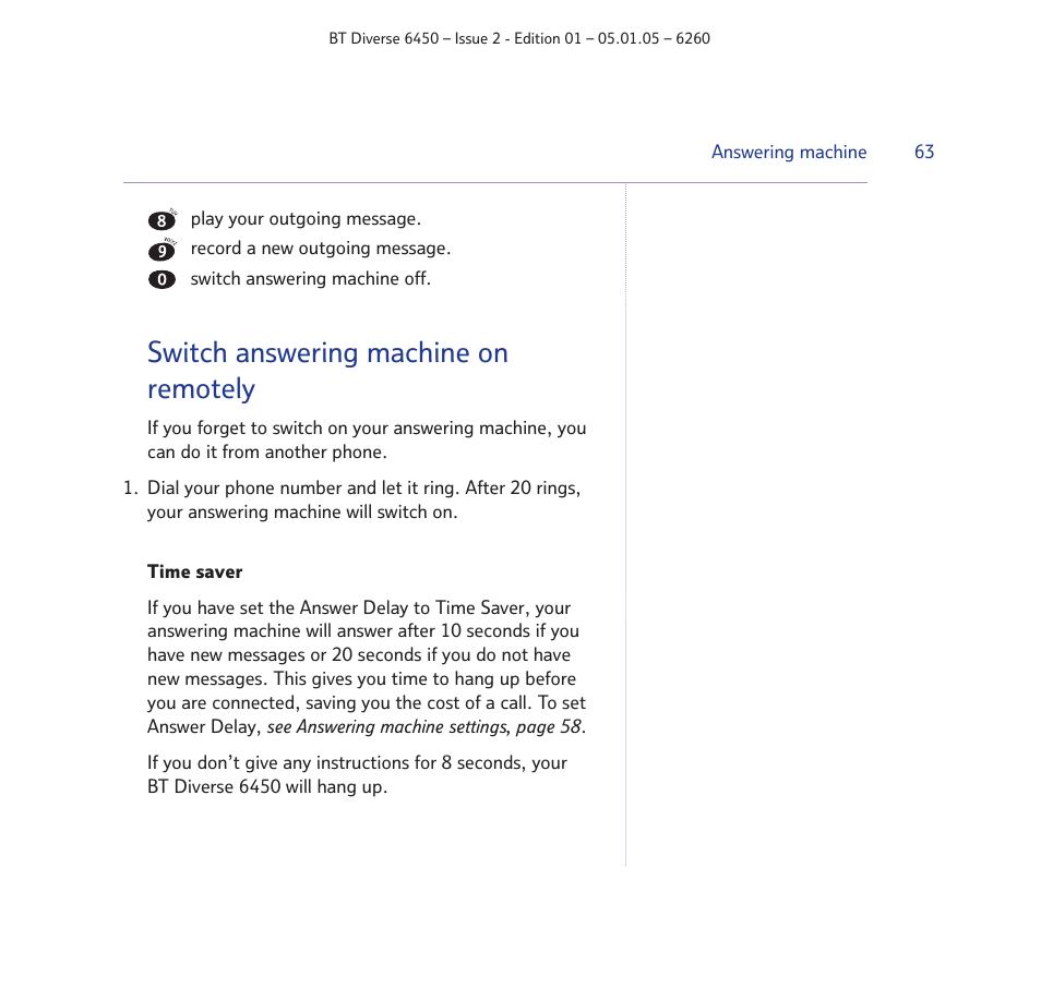 Switch answering machine on remotely | BT Diverse 6450 User Manual | Page 63 / 98