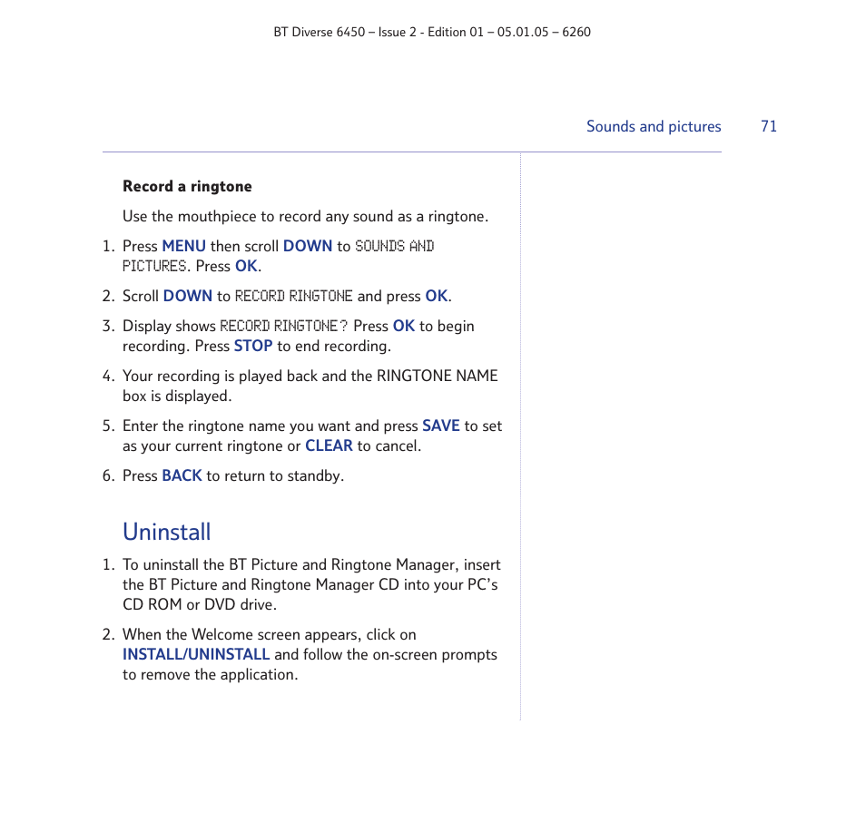Uninstall | BT Diverse 6450 User Manual | Page 71 / 98