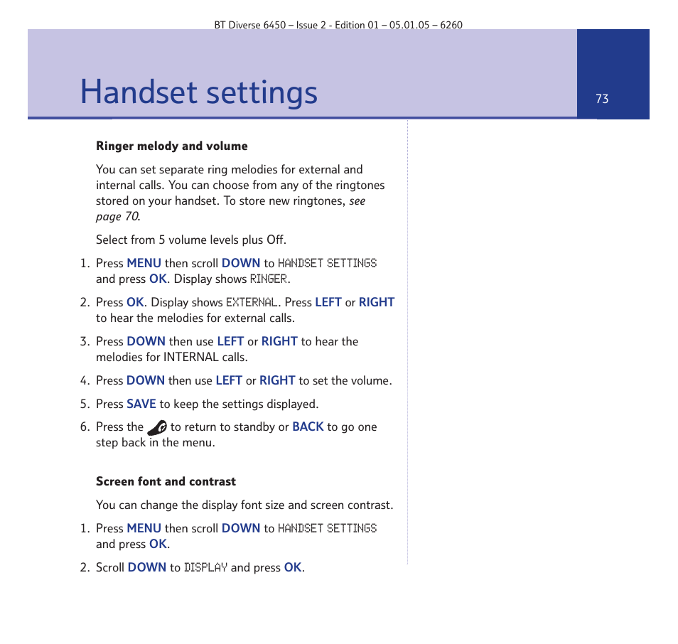 Handset settings | BT Diverse 6450 User Manual | Page 73 / 98
