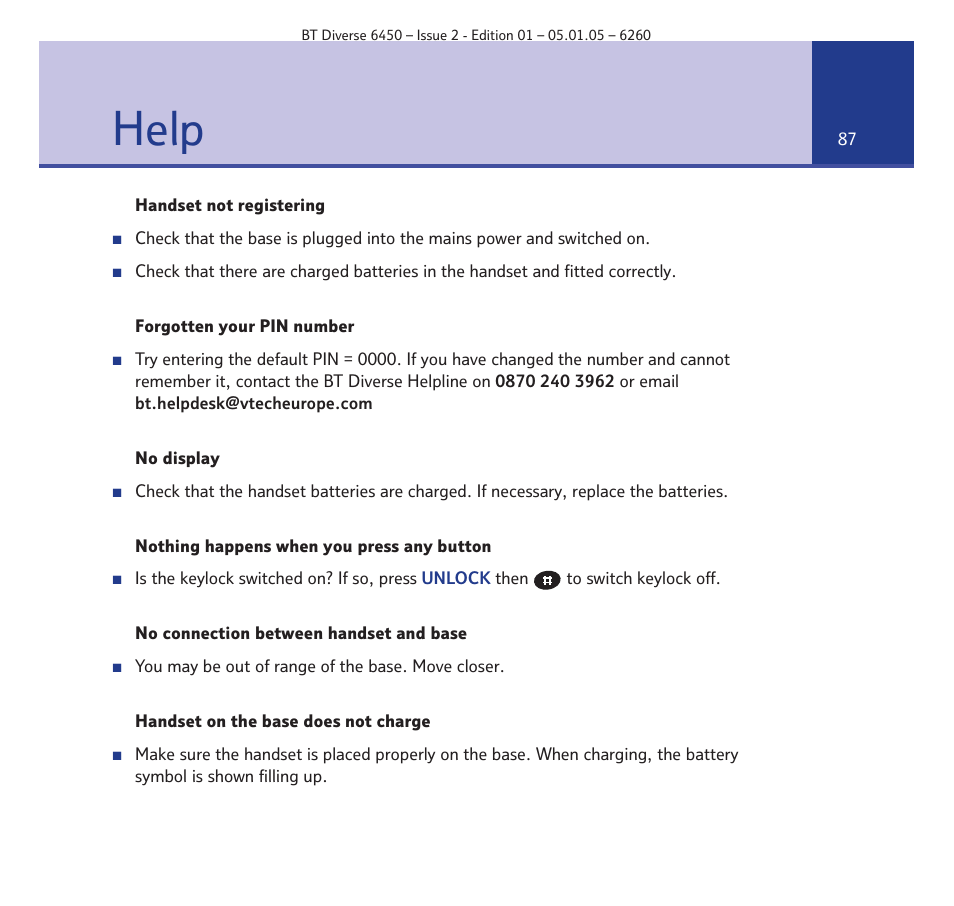 Help | BT Diverse 6450 User Manual | Page 87 / 98