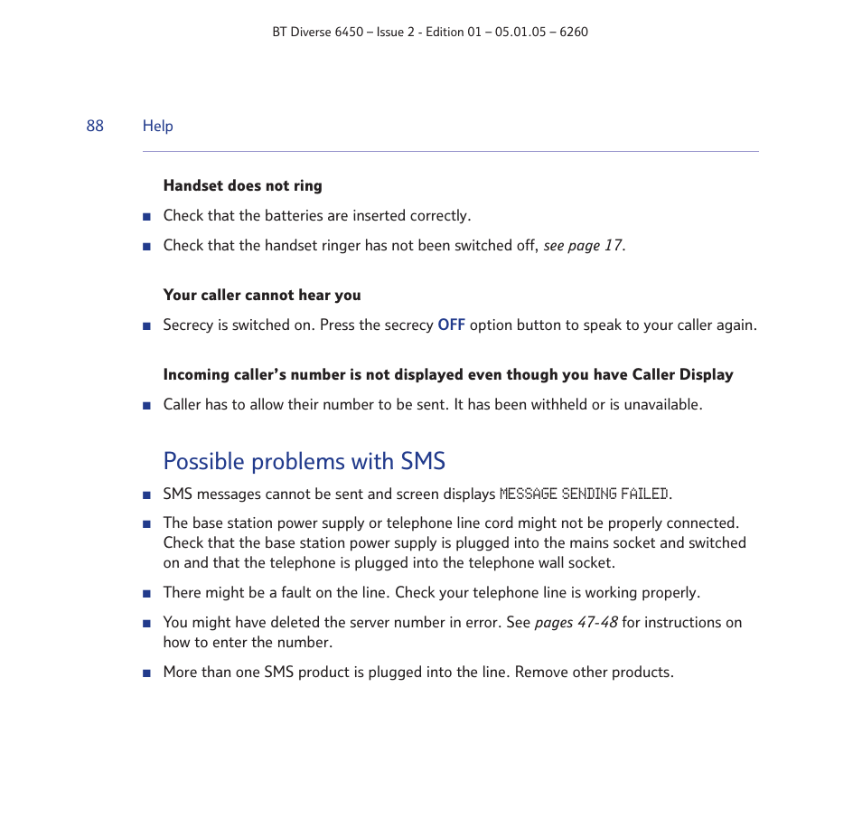 Possible problems with sms | BT Diverse 6450 User Manual | Page 88 / 98