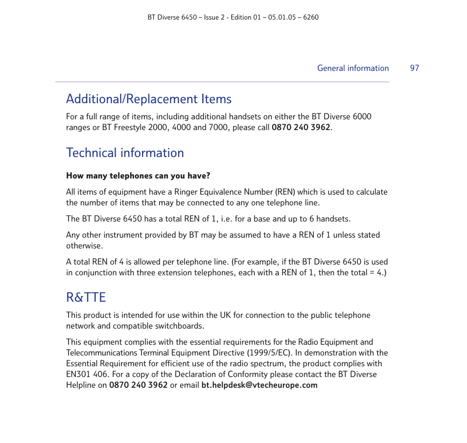 Additional/replacement items, Technical information, R&tte | BT Diverse 6450 User Manual | Page 97 / 98
