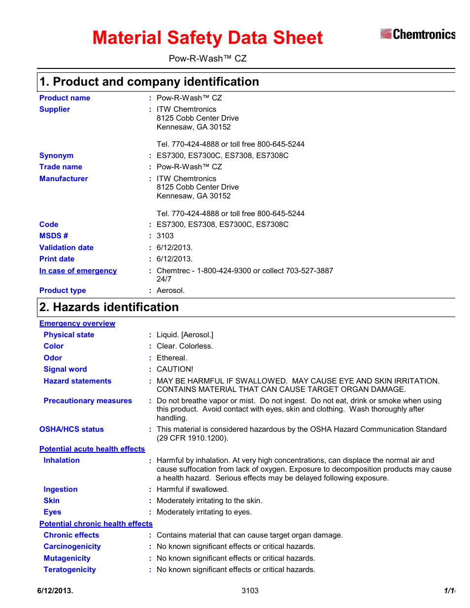 Chemtronics Pow-R-Wash CZ ES7300 User Manual | 10 pages