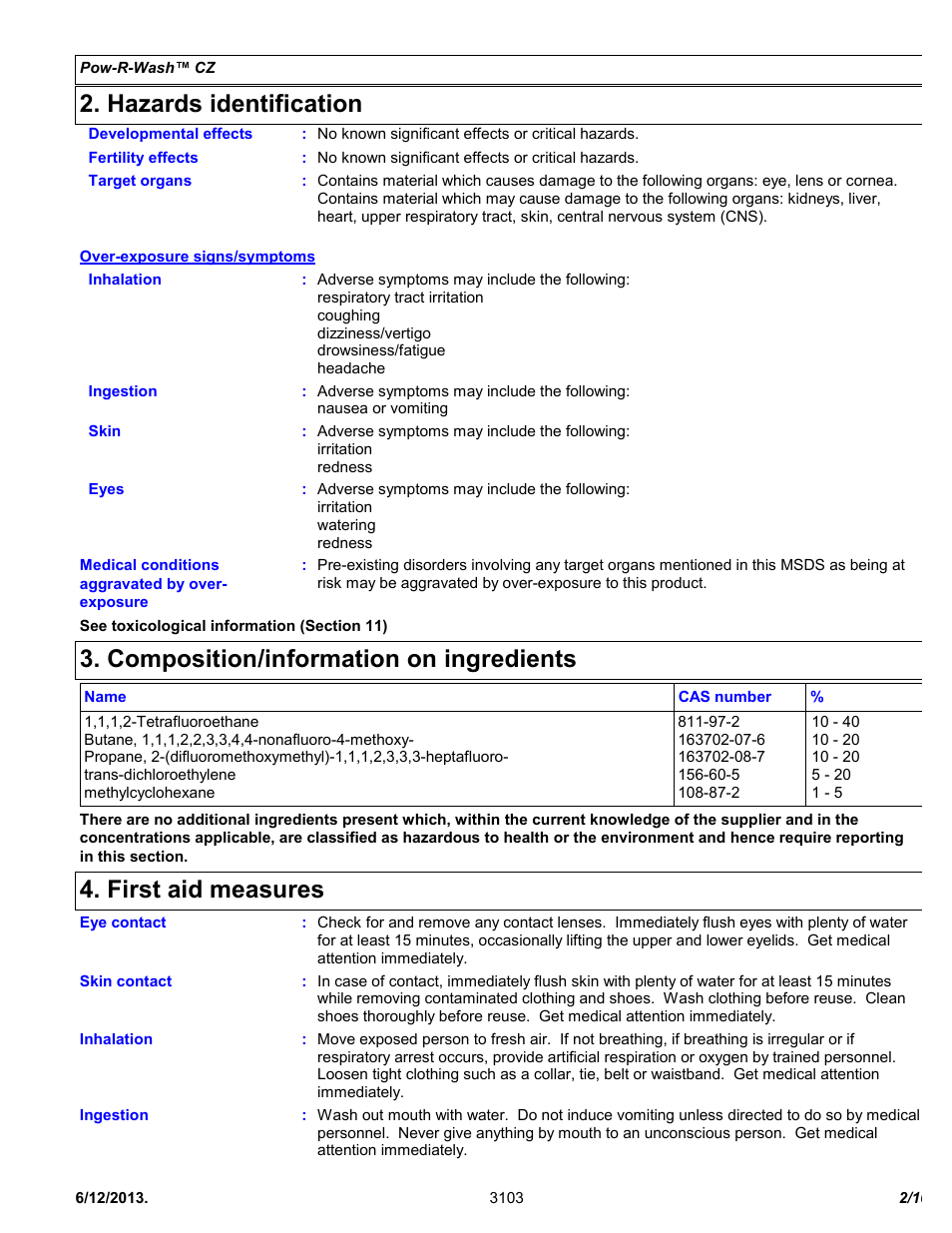 Hazards identification, Composition/information on ingredients, First aid measures | Chemtronics Pow-R-Wash CZ ES7300 User Manual | Page 2 / 10