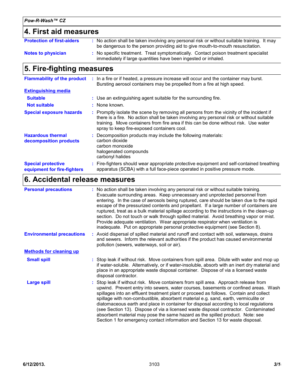 First aid measures, Fire-fighting measures, Accidental release measures | Chemtronics Pow-R-Wash CZ ES7300 User Manual | Page 3 / 10