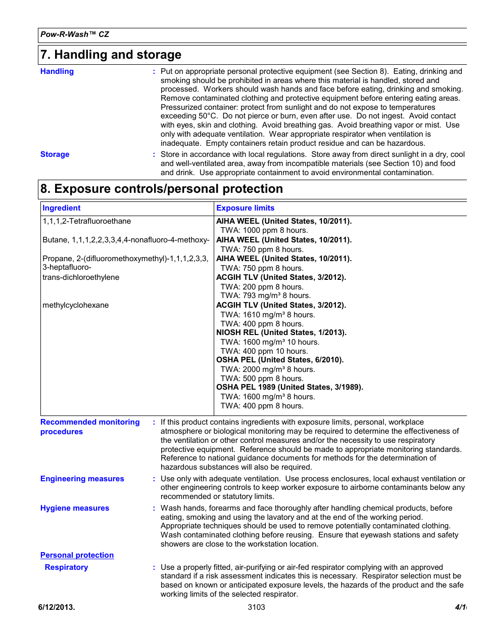 Handling and storage, Exposure controls/personal protection | Chemtronics Pow-R-Wash CZ ES7300 User Manual | Page 4 / 10