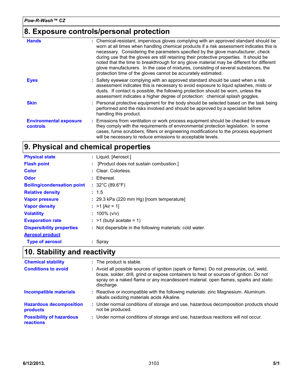 Exposure controls/personal protection, Physical and chemical properties, Stability and reactivity | Chemtronics Pow-R-Wash CZ ES7300 User Manual | Page 5 / 10