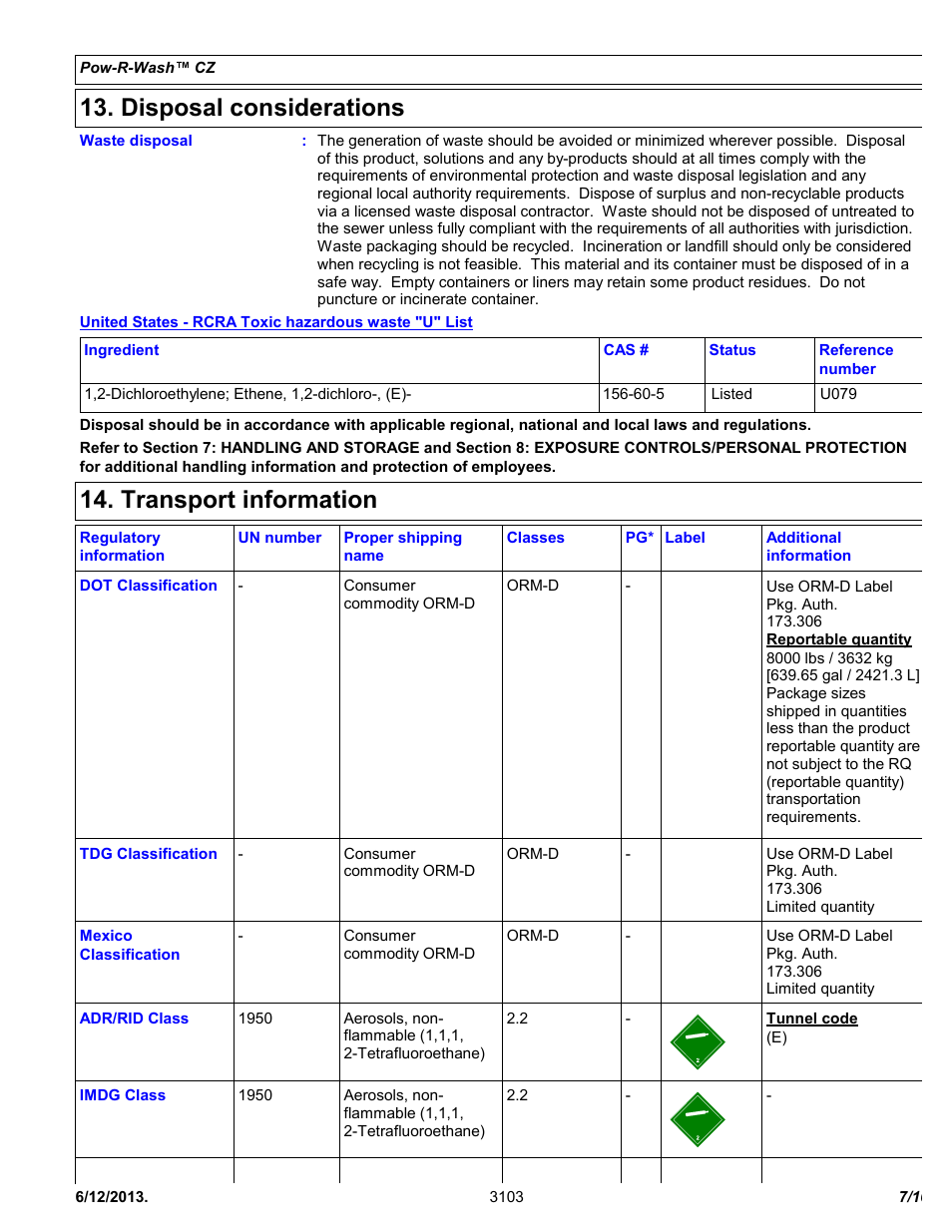 Disposal considerations, Transport information | Chemtronics Pow-R-Wash CZ ES7300 User Manual | Page 7 / 10