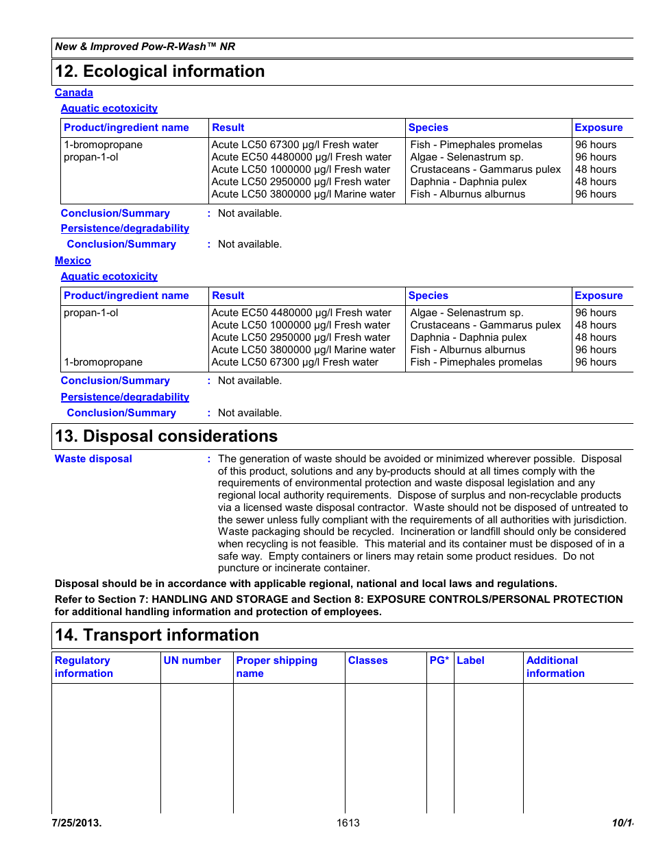 Ecological information, Disposal considerations, Transport information | Chemtronics Pow-R-Wash NR ES1613 User Manual | Page 10 / 14