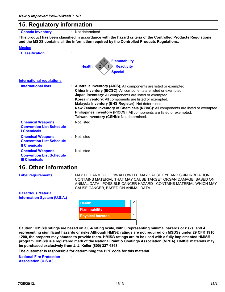 Regulatory information, Other information | Chemtronics Pow-R-Wash NR ES1613 User Manual | Page 13 / 14