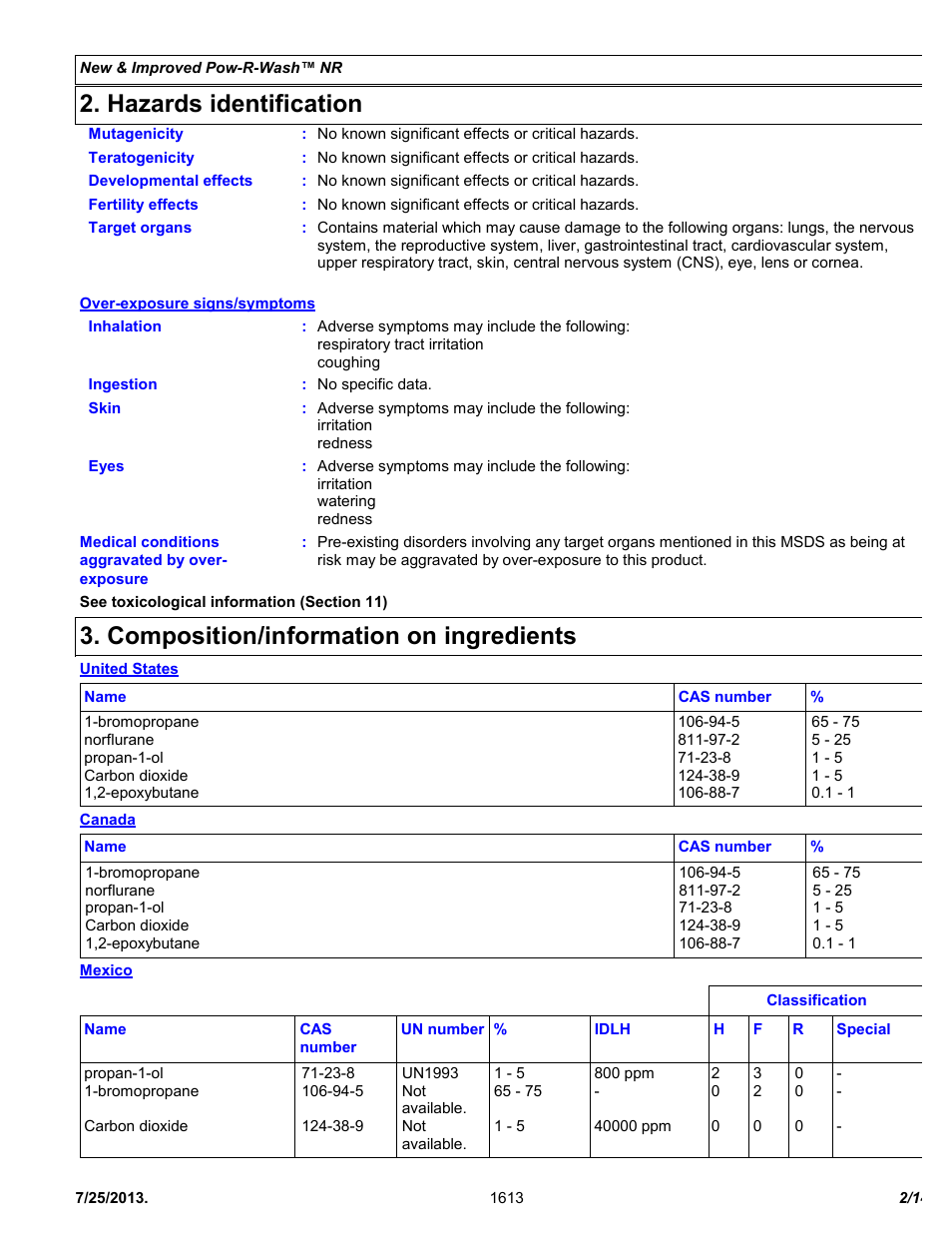 Hazards identification, Composition/information on ingredients | Chemtronics Pow-R-Wash NR ES1613 User Manual | Page 2 / 14