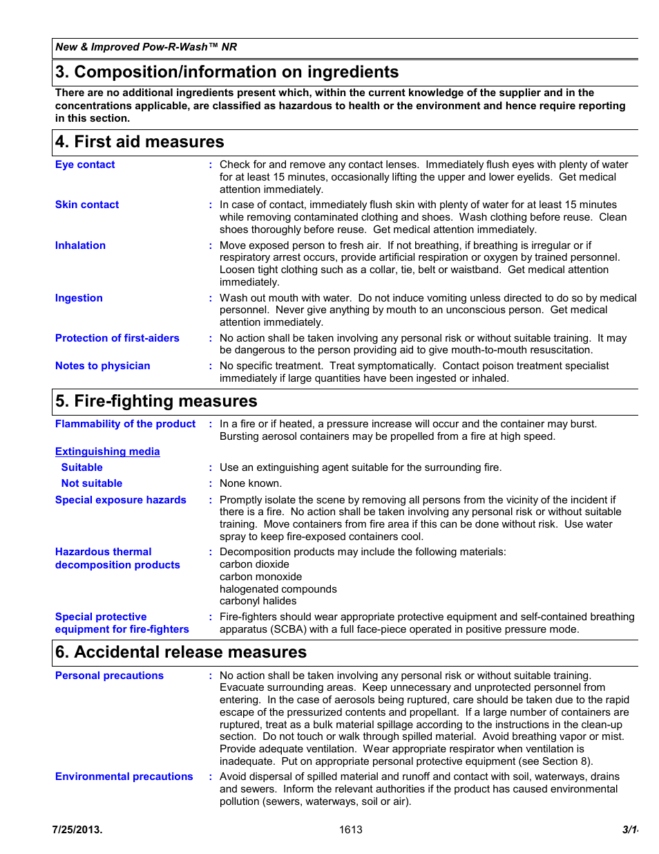 Composition/information on ingredients, First aid measures, Fire-fighting measures | Accidental release measures | Chemtronics Pow-R-Wash NR ES1613 User Manual | Page 3 / 14