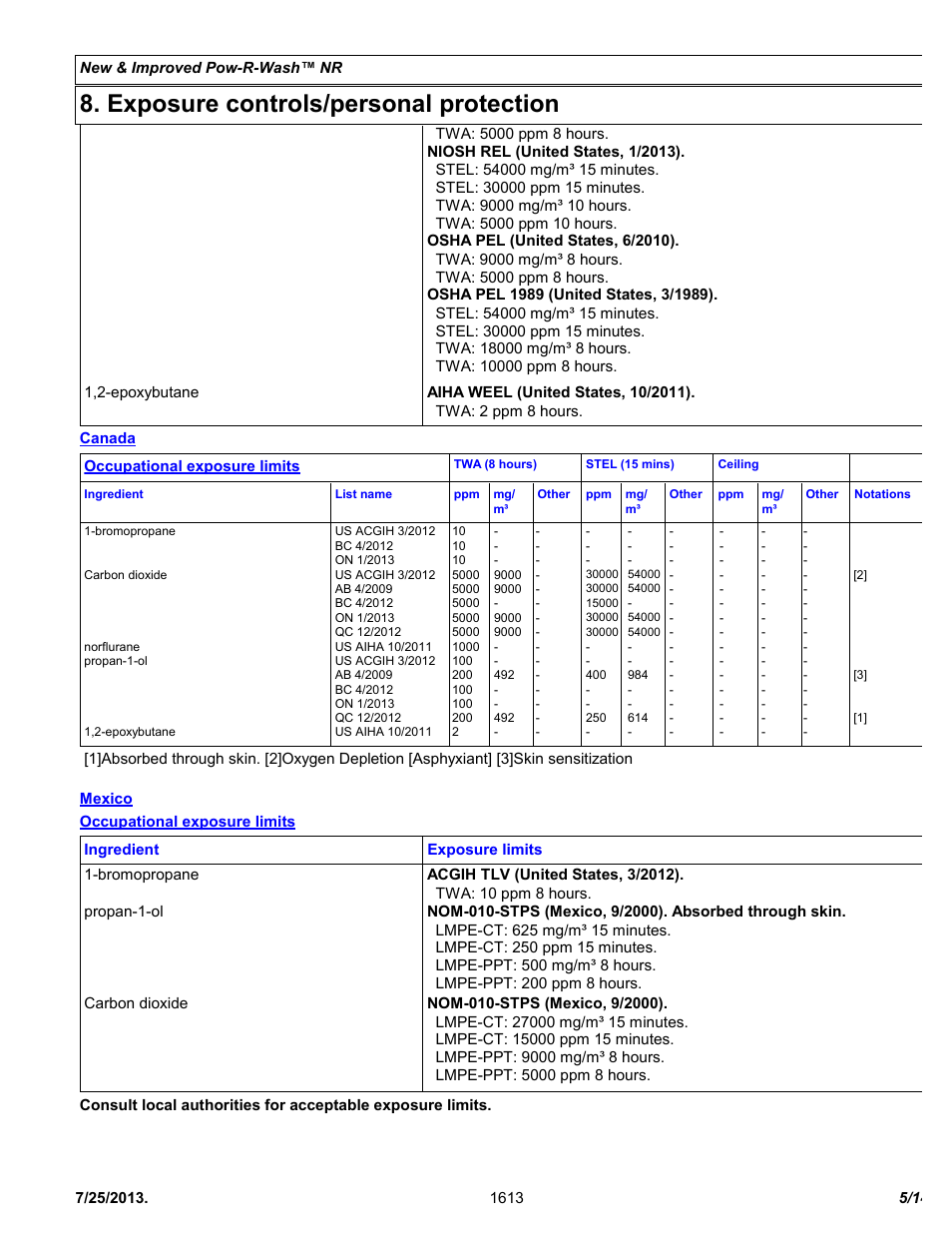 Exposure controls/personal protection | Chemtronics Pow-R-Wash NR ES1613 User Manual | Page 5 / 14